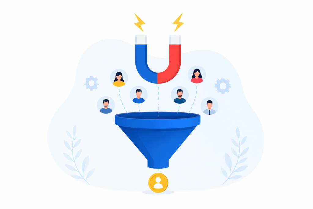 Minimal lead generation funnel illustration with customer icons, marketing funnel, and conversion concept for businesses in Noida