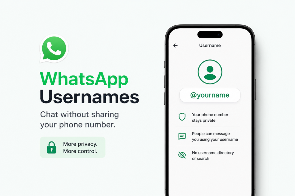 WhatsApp usernames feature showing @yourname replacing phone number for private chats